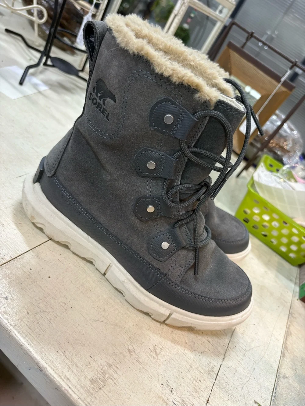 SOREL Women’s Gray Faux Fur Lined Lace-Up Winter Boots